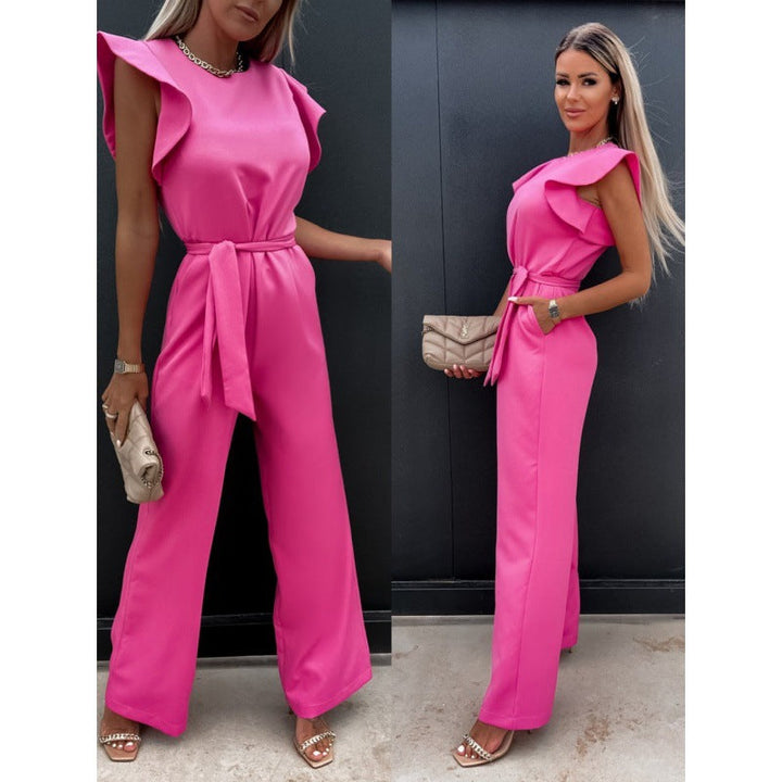 Frauen Fließender Weitbeiniger Jumpsuit mit Rüsche Ärmel Drune