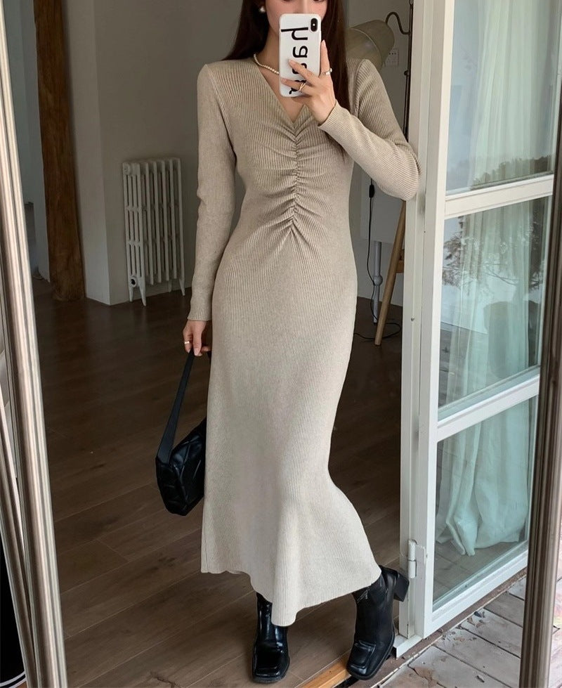 Damen Langarm-Strickkleid mit raffiniertem V-Ausschnitt und tailliertem Schnitt Drune