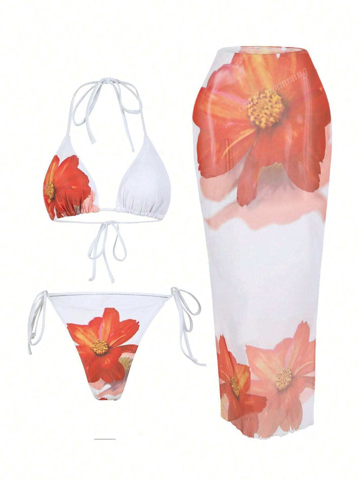 Damen Triangel-Bikini-Set mit floralen Mustern und transparentem Maxirock Drune