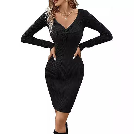 Damen elegantes Strickkleid mit tiefem V-Ausschnitt und figurschmeichelnder Rippstruktur Drune