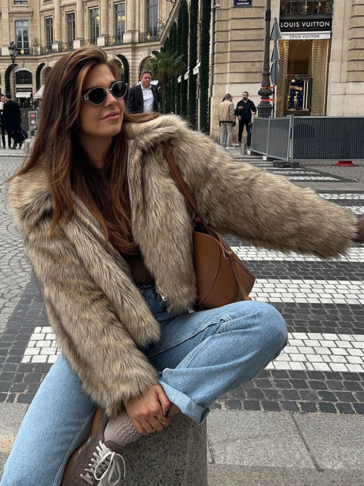 Damen Kurz geschnittener Faux‑Fur Boxy‑Mantel mit Kapuze und Reißverschluss Drune