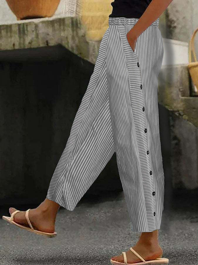 Damenweite Culotte-Hosen mit Paperbag-Taille, Knopfleiste und Seitentaschen Drune