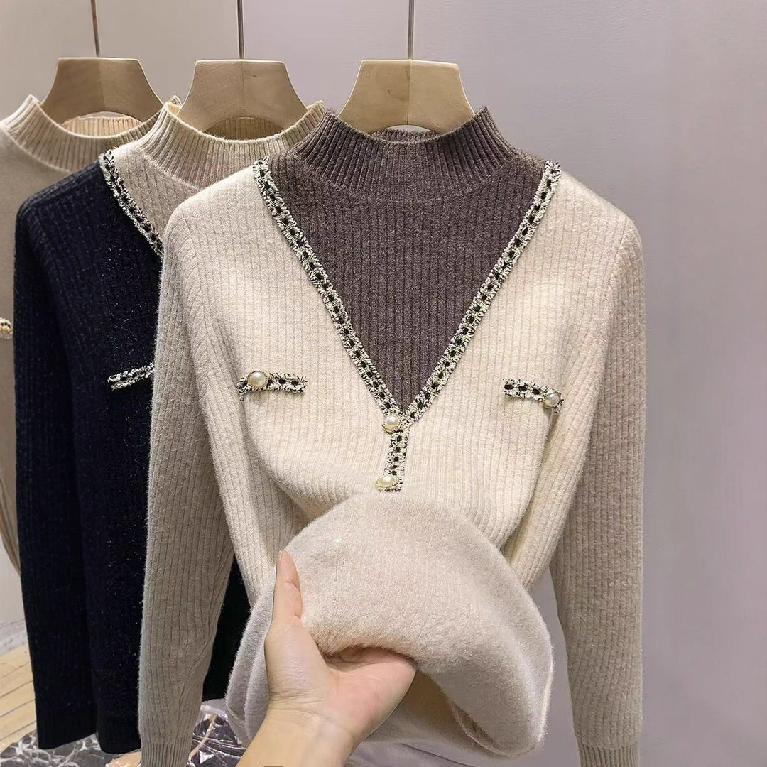 Damen modischer V-Pullover mit Schimmer-Details und Knöpfen Drune