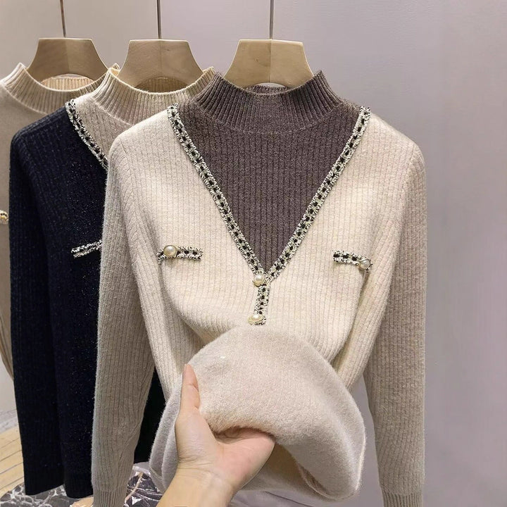 Damen modischer V-Pullover mit Schimmer-Details und Knöpfen Drune