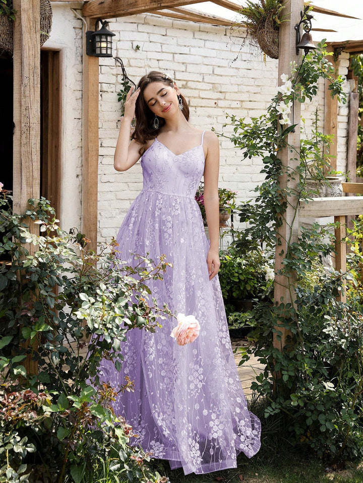 Drune | V-Ausschnitt Träger Abendkleid Mesh Bestickter Rücken Freie Elegante Abendkleid Tanzkleid Festkleid Brautjungfernkleid