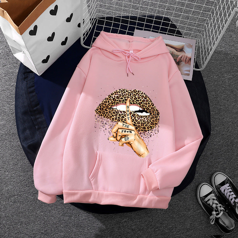 Damen nan oversized Fleece-Hoodie mit Leoparden-Lippen-Motiv, Kängurutasche und gerippten Bündchen Drune