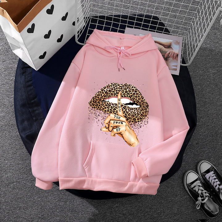 Damen nan oversized Fleece-Hoodie mit Leoparden-Lippen-Motiv, Kängurutasche und gerippten Bündchen Drune