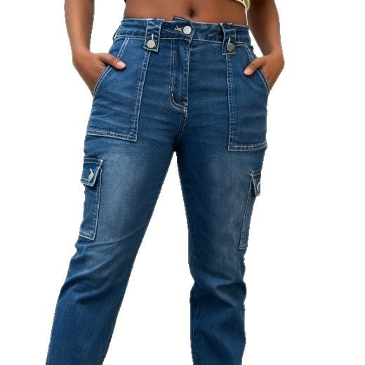 Damen Hochtaillierte Cargo-Denim-Jeans mit geradem Bein und aufgesetzten Klappentaschen Drune