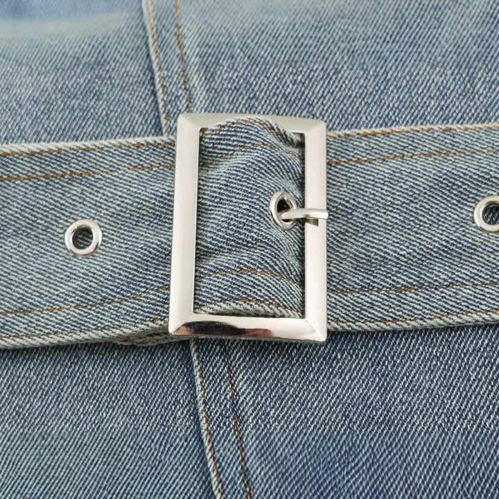 Damen Jeansjacke mit Taillengürtel und asymmetrischer Druckknopfleiste Drune