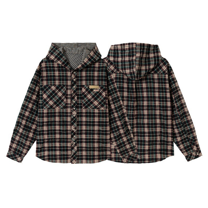 Unisex Kapuzen-Flanellhemd im Oversize-Karo mit Brusttaschen Drune