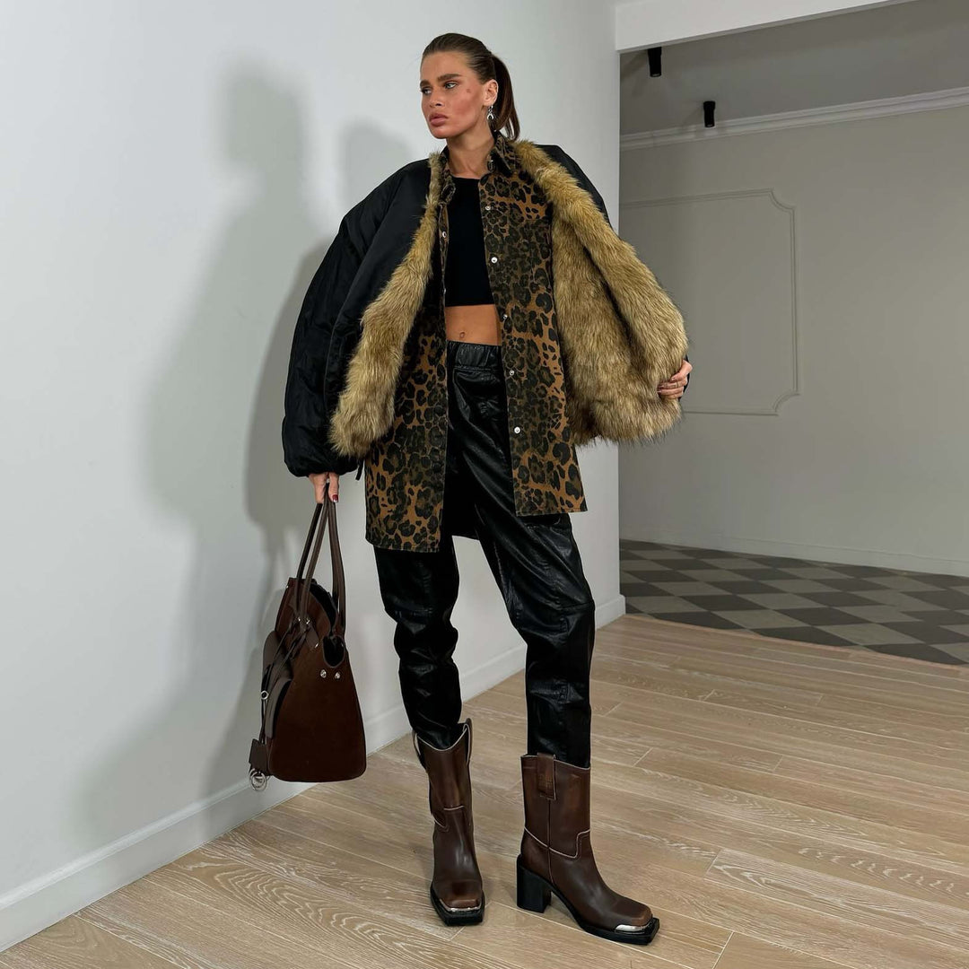 Damen Modische Jacke mit Kunstfellkragen Drune