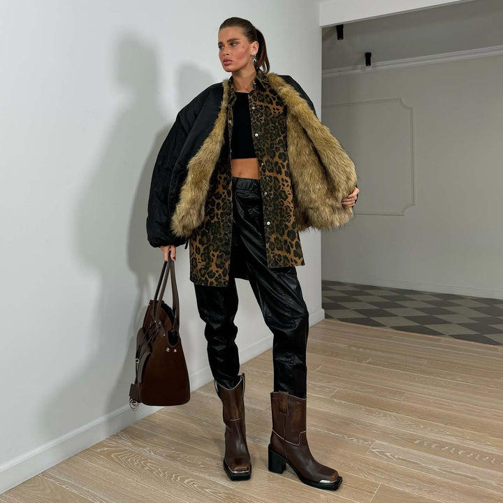 Damen Modische Jacke mit Kunstfellkragen Drune