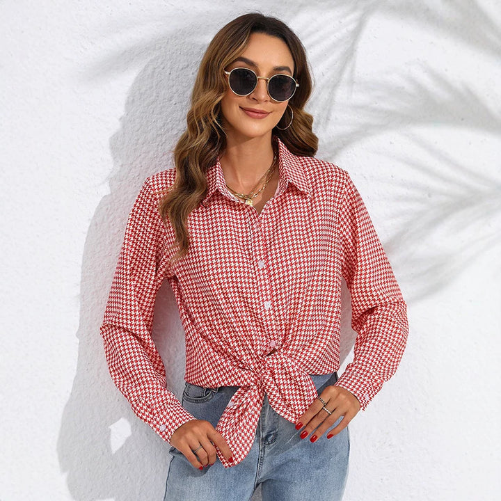 Damen nan geknotete Hahnentritt-Bluse mit Hemdkragen und durchgehender Knopfleiste Drune