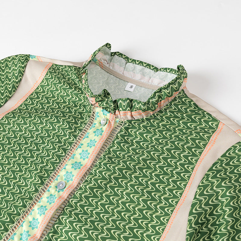 Damen Gemustertes Midilanges Mantelkleid mit Volantkragen und Stufenrock Drune