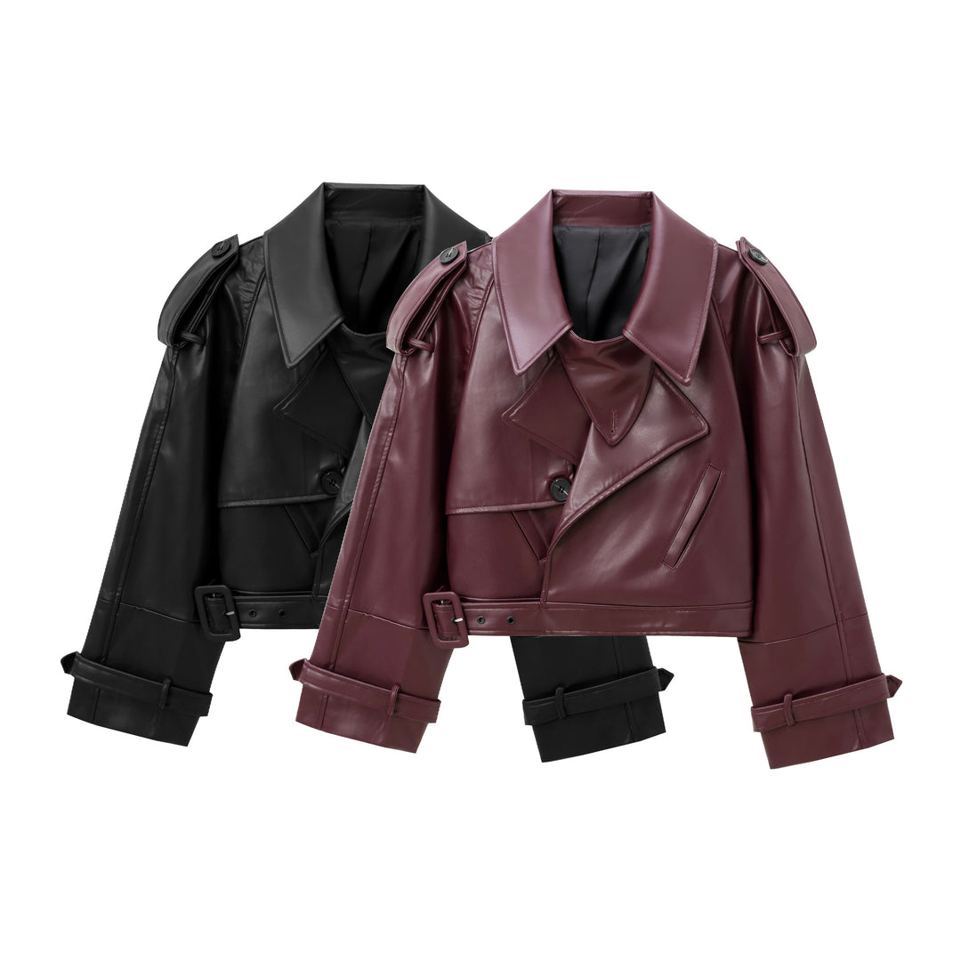 Damen cropped Lederjacke im eleganten Design mit breitem Revers und praktischen Taschen Drune
