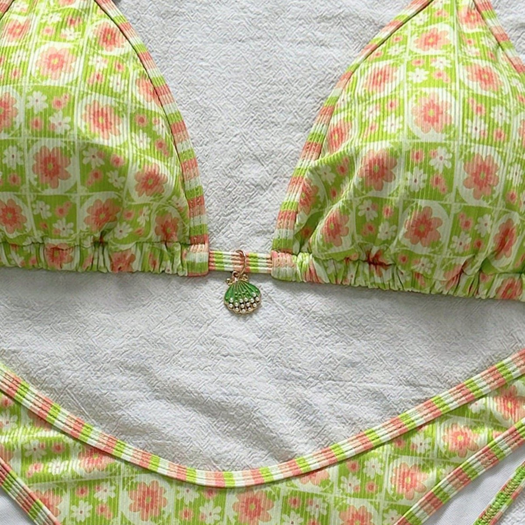 Damen Triangel-Bikini mit frischem Blumendruck und verstellbaren Trägern Drune