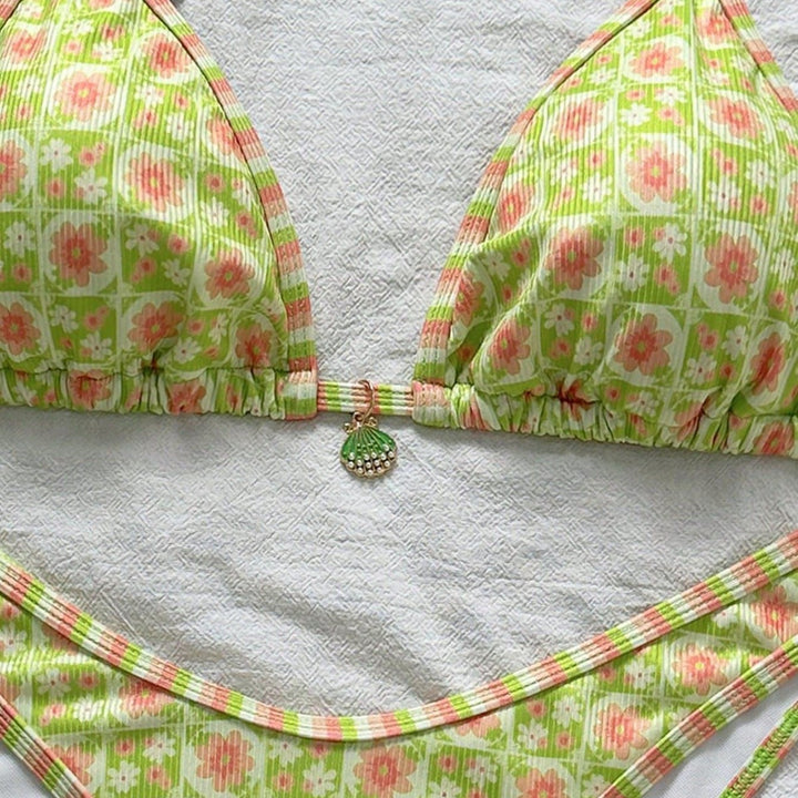 Damen Triangel-Bikini mit frischem Blumendruck und verstellbaren Trägern Drune