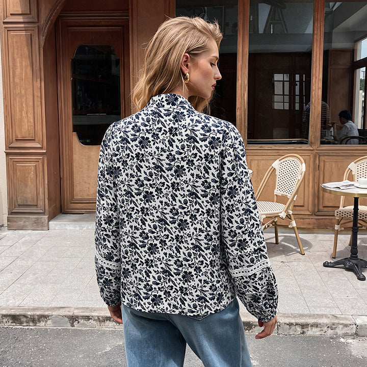 Damen Blumen-Tunika-Bluse mit Bindeschleife, Volantsaum und Spitzen-Details Drune
