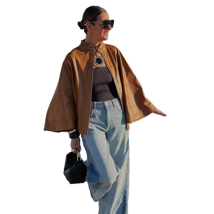 Damen Cape-Ärmige Lederjacke mit Stehkragen Drune