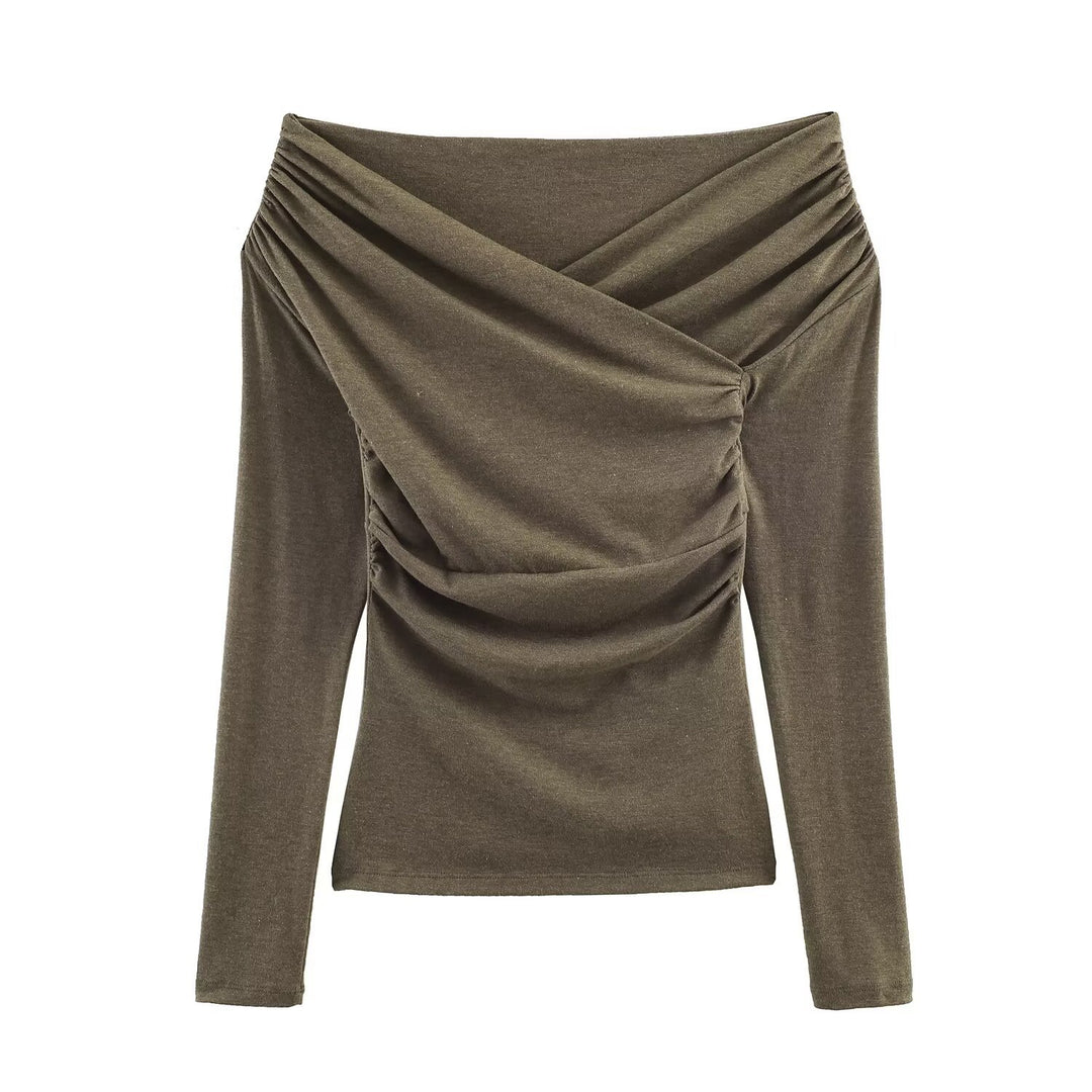Damen Schulterfreies gerafftes Langarmtop mit Wickel‑Drapierung Drune