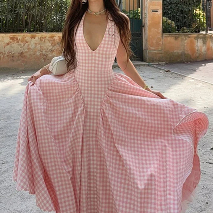 Damen Maxikleid mit V-Ausschnitt und schwingendem Rock Drune