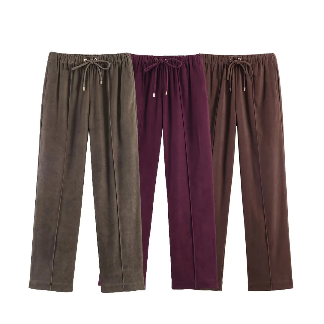Damen nan gerade geschnittene Velourslederimitat-Hose mit Elastikbund und Kordel Drune