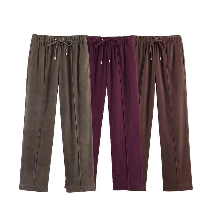 Damen nan gerade geschnittene Velourslederimitat-Hose mit Elastikbund und Kordel Drune
