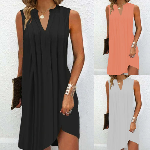 Damen elegantes, ärmelloses Kleid mit V-Ausschnitt und asymmetrischem Saum Drune