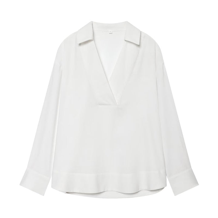 Damen Locker sitzende V‑Tunika‑Bluse mit Kentkragen und breiten Manschetten Drune