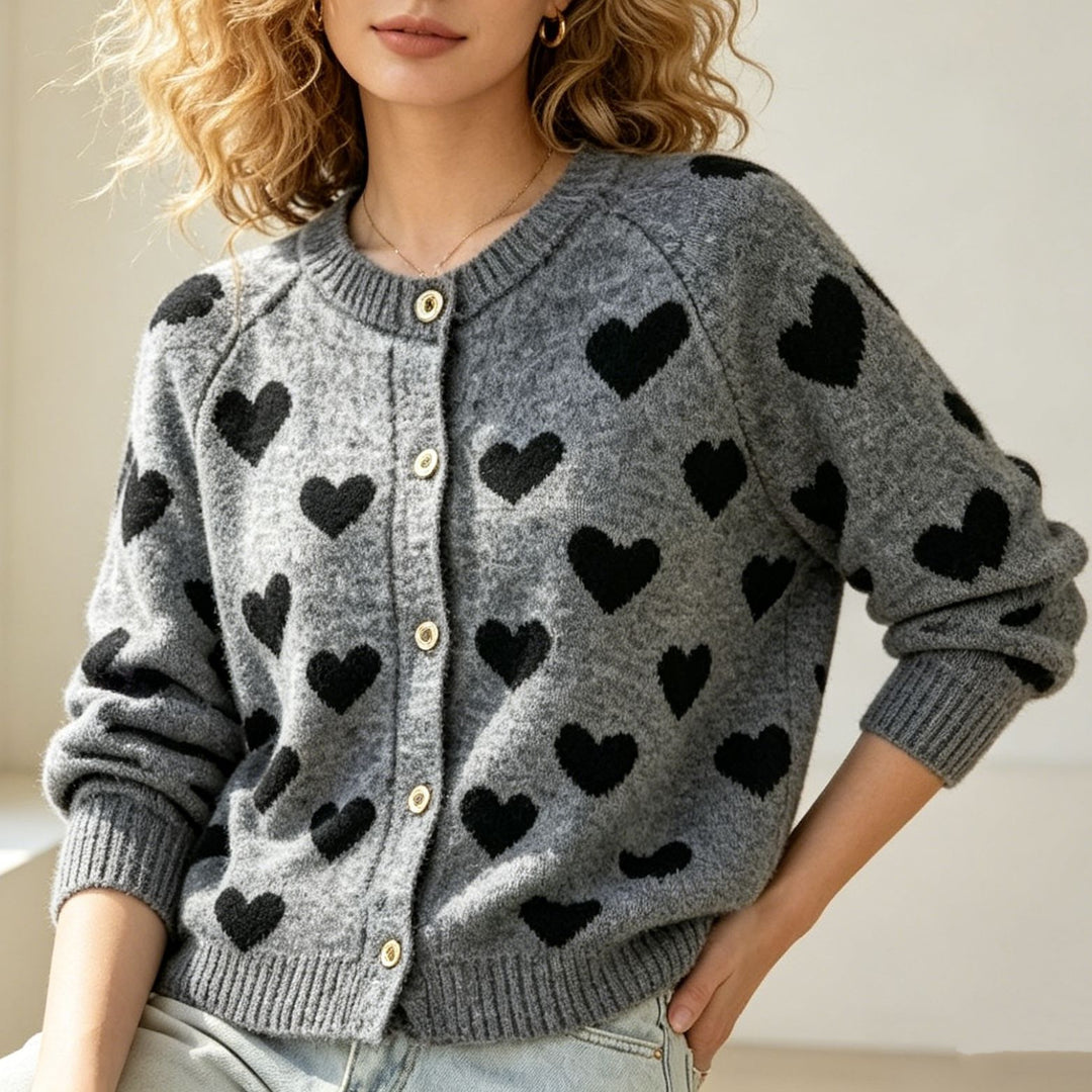 Damen Kuscheliger Jacquard-Cardigan mit Herzmotiv, Raglanärmeln und Knopfleiste Drune