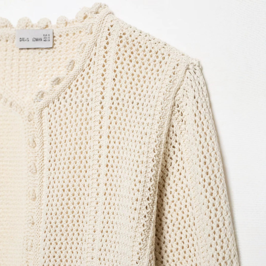Damen Gehäkelte Kurzstrickjacke mit Scallop-Kante und Ajour‑Lochmuster Drune