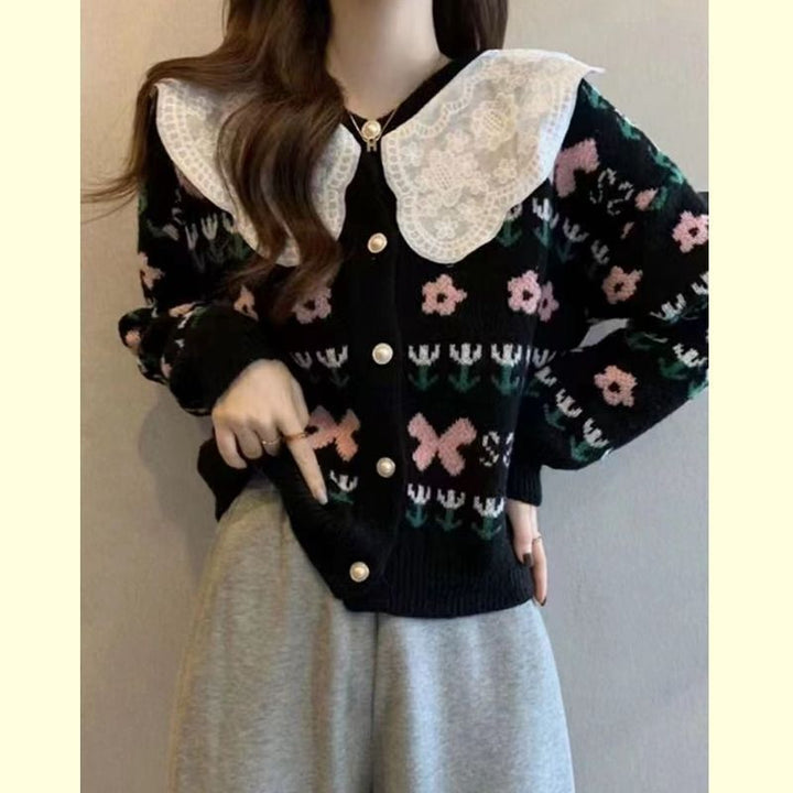 Damen Strickjacke mit floralen Mustern und großem Kragen Drune