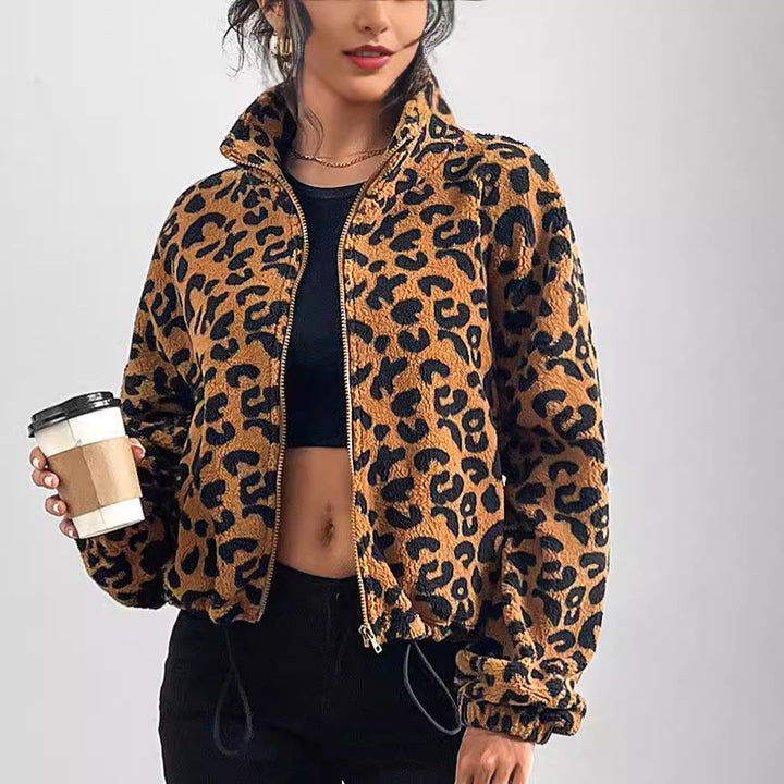 Damen Plüschige Kurzjacke im Leopardenmuster mit hohem Kragen Drune