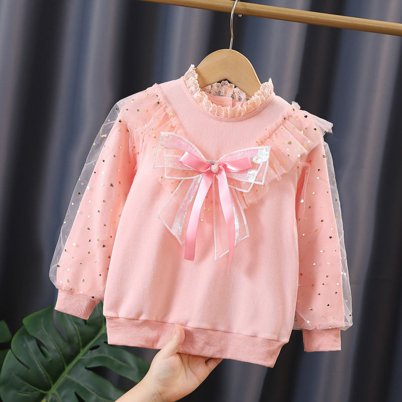 Mädchen modisches Sweatshirt mit dekorativen Tüllärmeln und Schleifendetails Drune