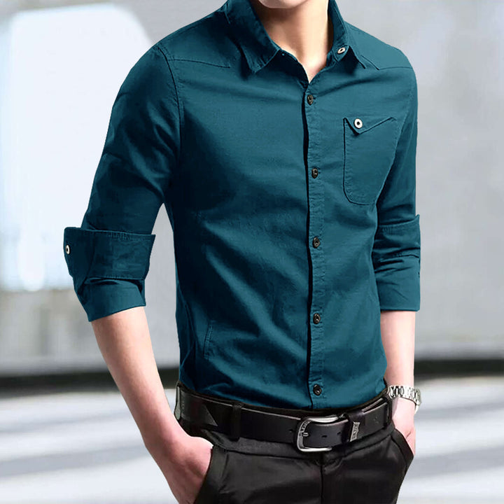 Herren Slim-Fit Baumwollhemd mit Kentkragen und Brusttasche Drune