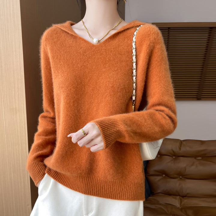 Damen Weicher Mohair‑Optik Kapuzenpullover mit V‑Ausschnitt und geripptem Saum Drune