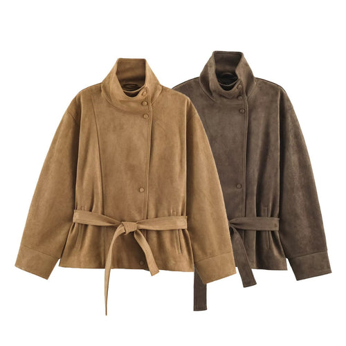 Damen Kurzjacke aus Velourslederoptik mit Stehkragen und Bindegürtel Drune