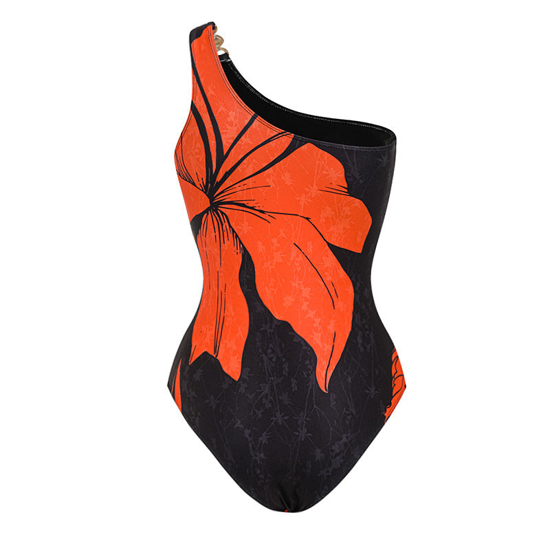 Damen Badeanzug mit asymmetrischem Schnitt und floralen Akzenten Drune
