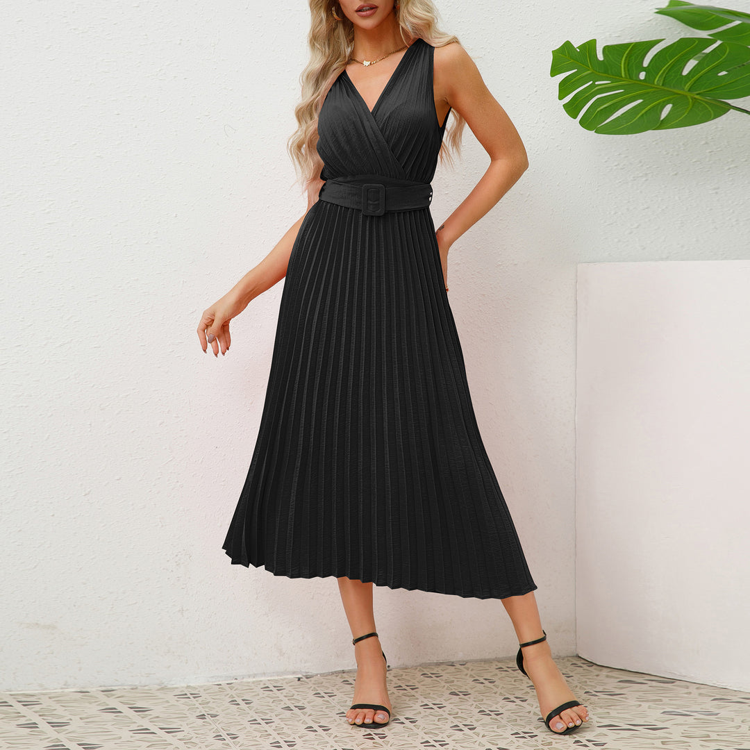 Damen Plissee Maxikleid mit taillierbarem Gürtel und elegantem V-Ausschnitt Drune