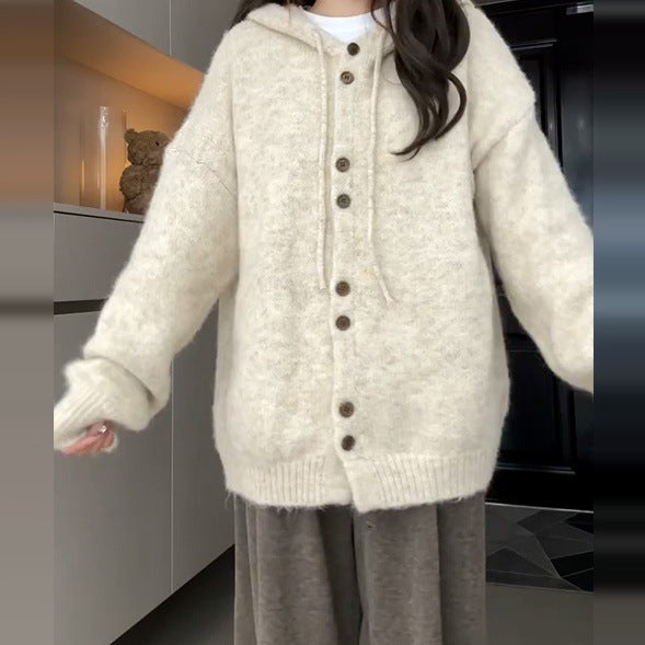 Damen Weiche Kapuzenstrickjacke mit Knopfdetails Drune