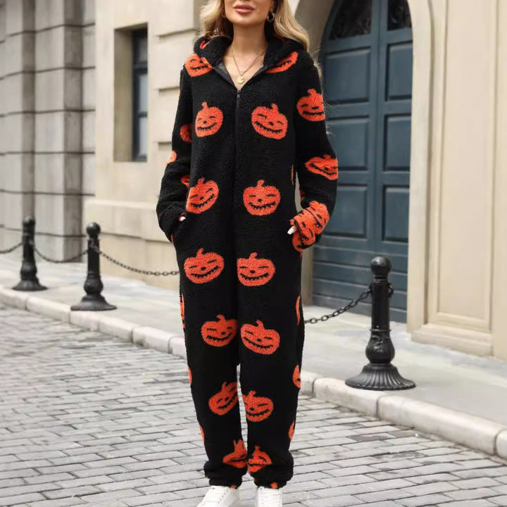 Damen Gemütlicher Halloween-Jumpsuit mit Kapuze und kuscheligem Fleece Drune