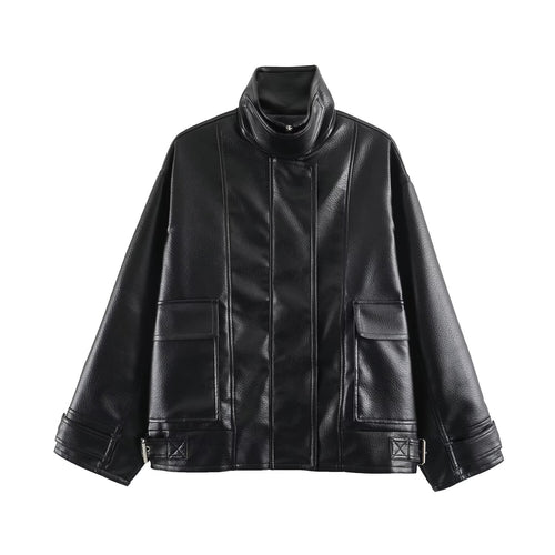 Damen Oversize Kunstlederjacke mit hohem Stehkragen, aufgesetzten Taschen und verstellbaren Schnallen Drune