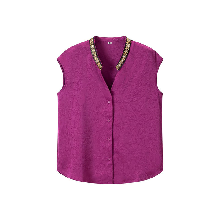 Damen Ärmellose Crinkle-Bluse mit Knopfleiste und besticktem V-Ausschnitt Drune