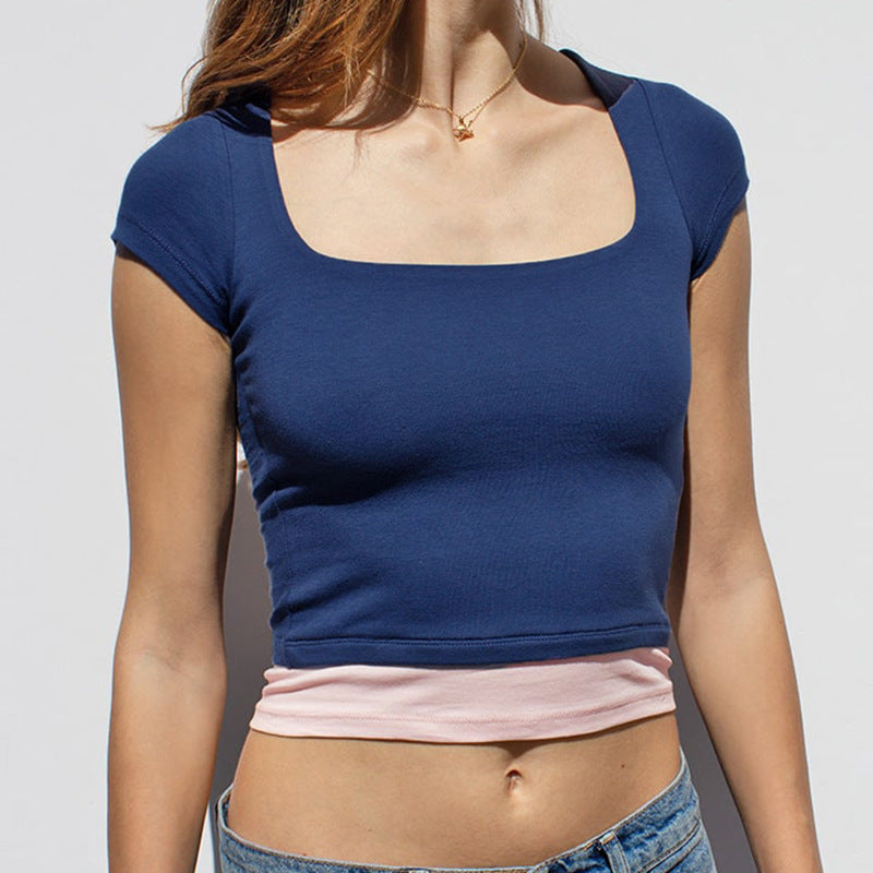 Damen Crop-Oberteil mit modischem Quadrat-Ausschnitt und kontrastierendem Saum Drune