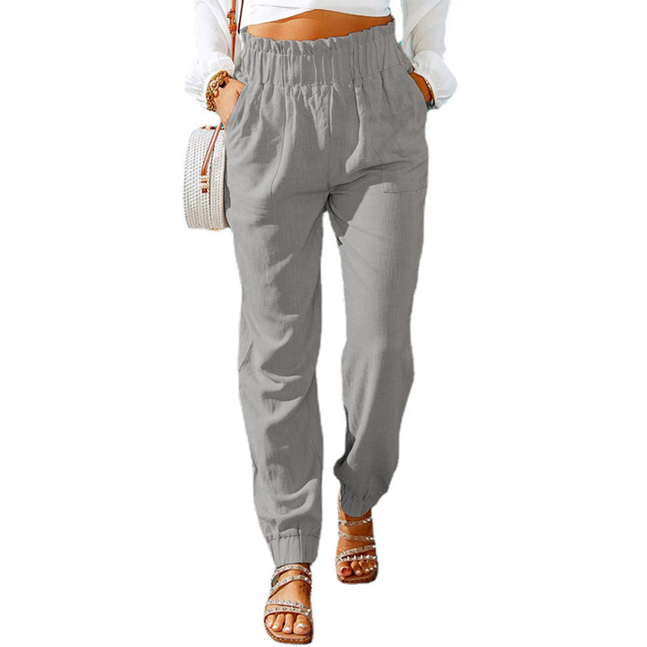 Damen Hochtaillierte Leinenoptik-Joggerhose mit elastischem Rüschbund und Eingrifftaschen Drune