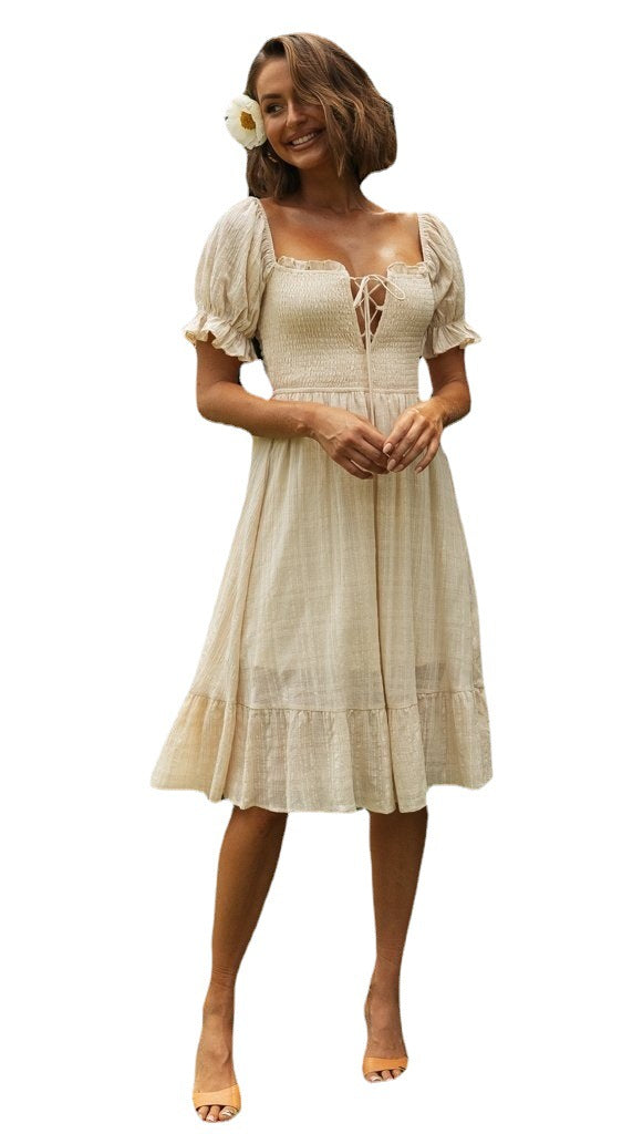 Damen Hochzeitsfeier Kleid mit Puffärmeln und Schnürung Drune