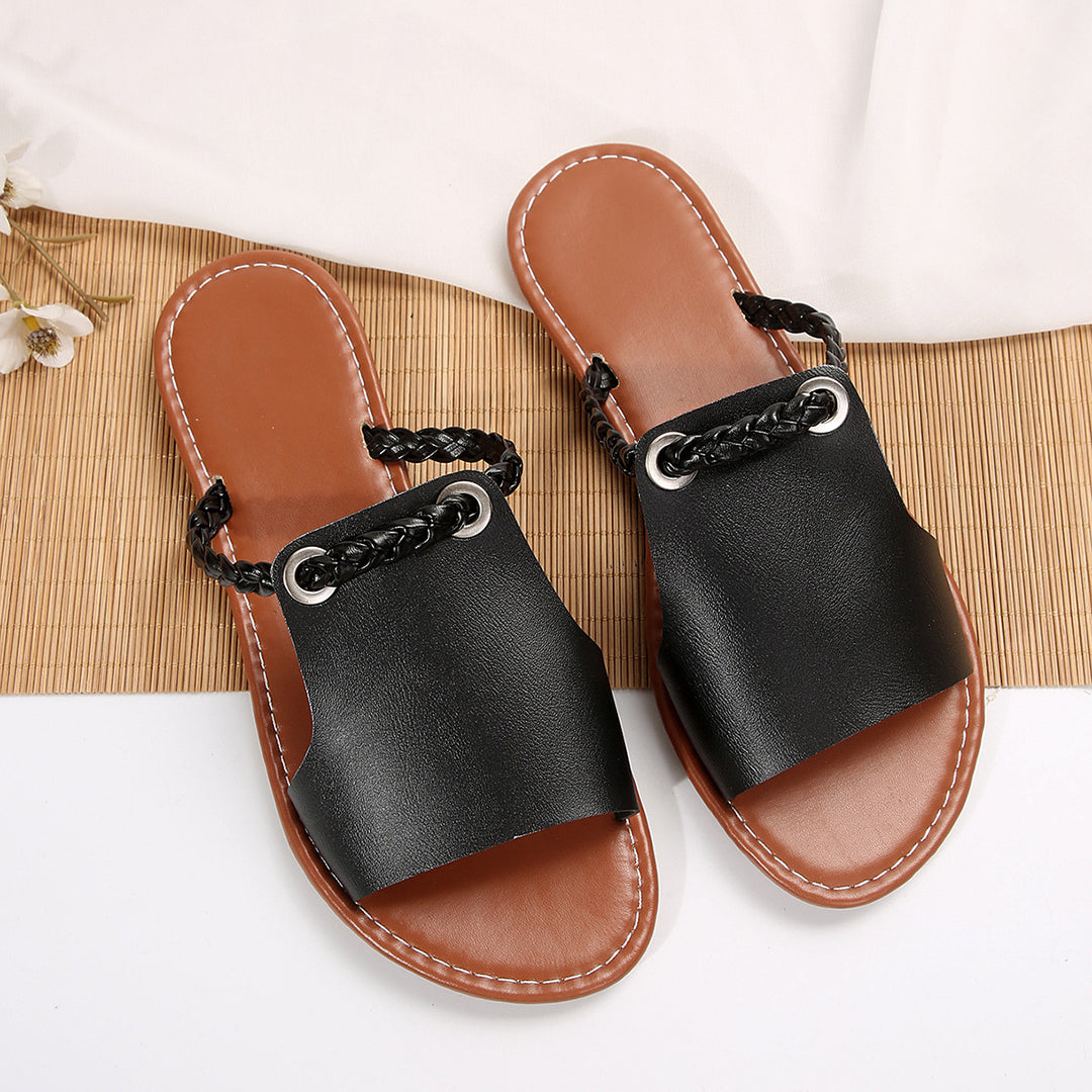 Damen nan elegante flache Pantolette mit breitem Obermaterial und geflochtenem Zehenriemen Drune