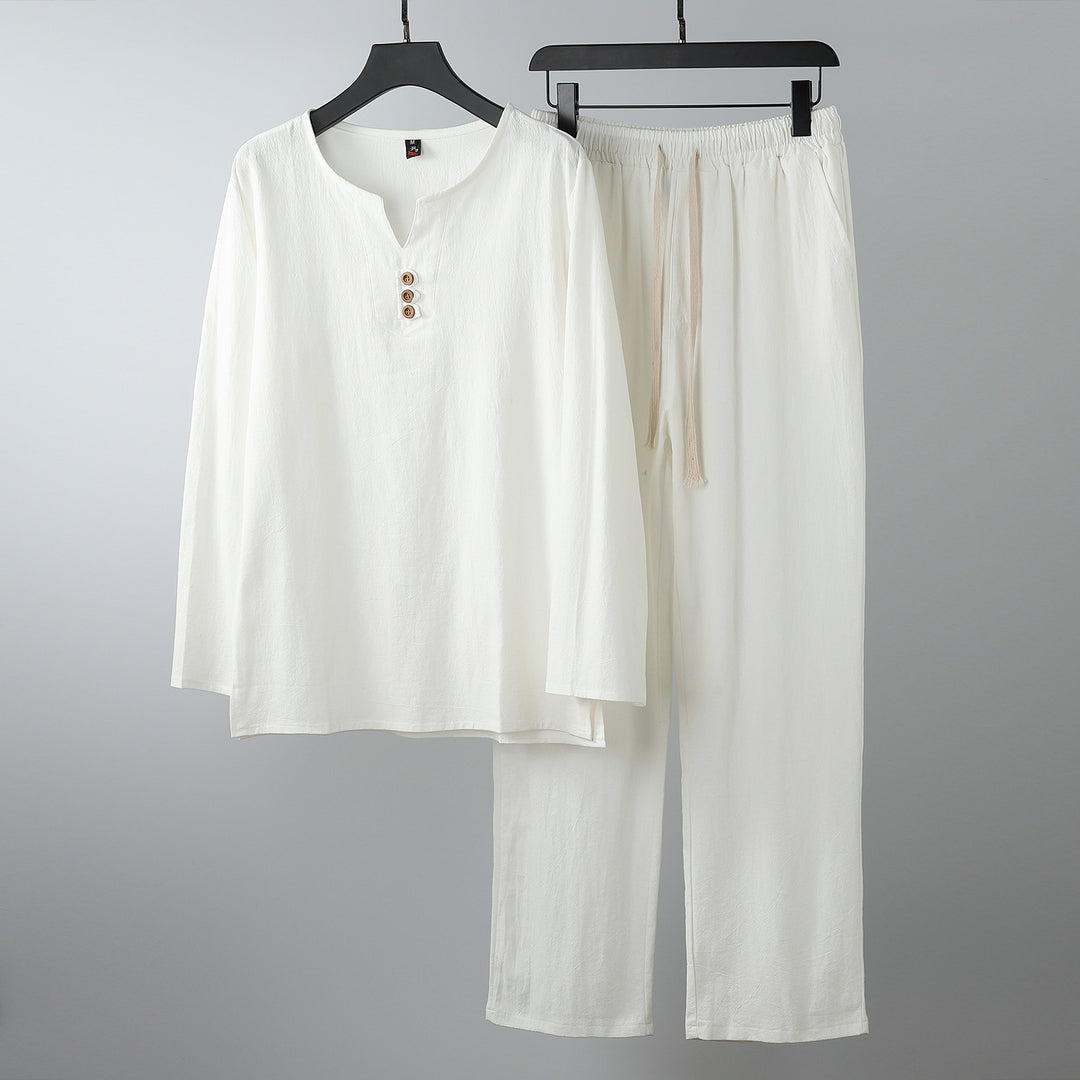 Damen Komfortables Baumwoll-Loungewear-Set mit Henley-Ausschnitt und Kordelbundhose Drune