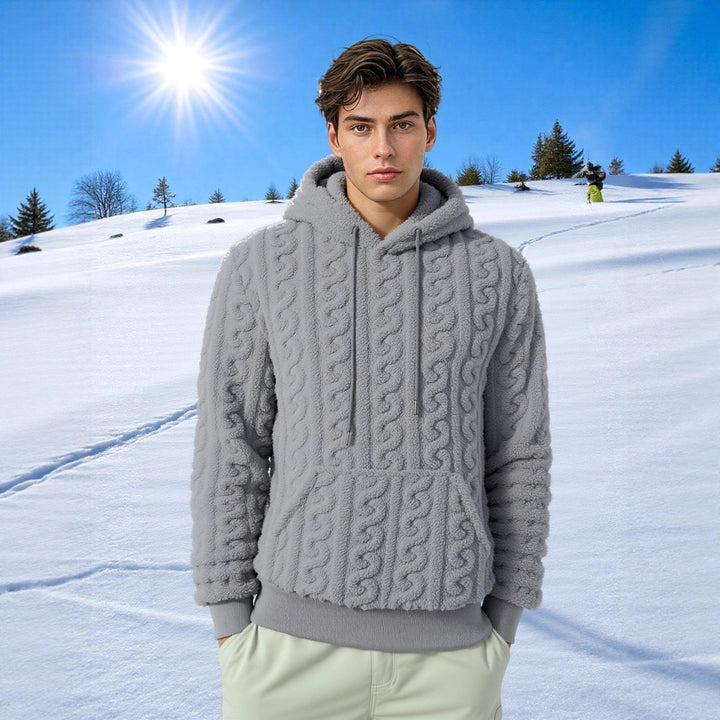 Herren Flauschiger Sherpa-Hoodie mit Zopfmuster, Kängurutasche und Rippbündchen Drune