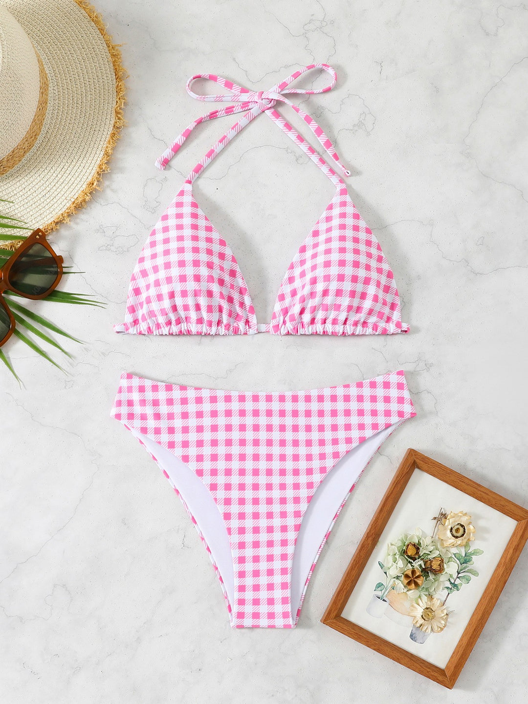 Damen Triangel-Bikini mit Floral- und Karomuster Drune